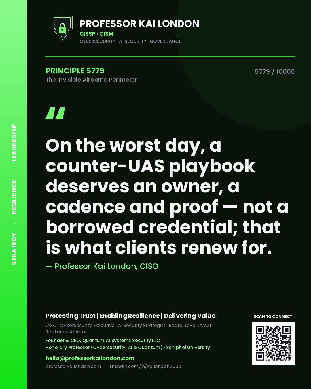 Quote card by Professor Kai London reading 'On the worst day, a counter-UAS playbook deserves an owner, a cadence and proof — not a borrowed credential; that is what clients renew for.'. From the book The Invisible Airborne Perimeter.