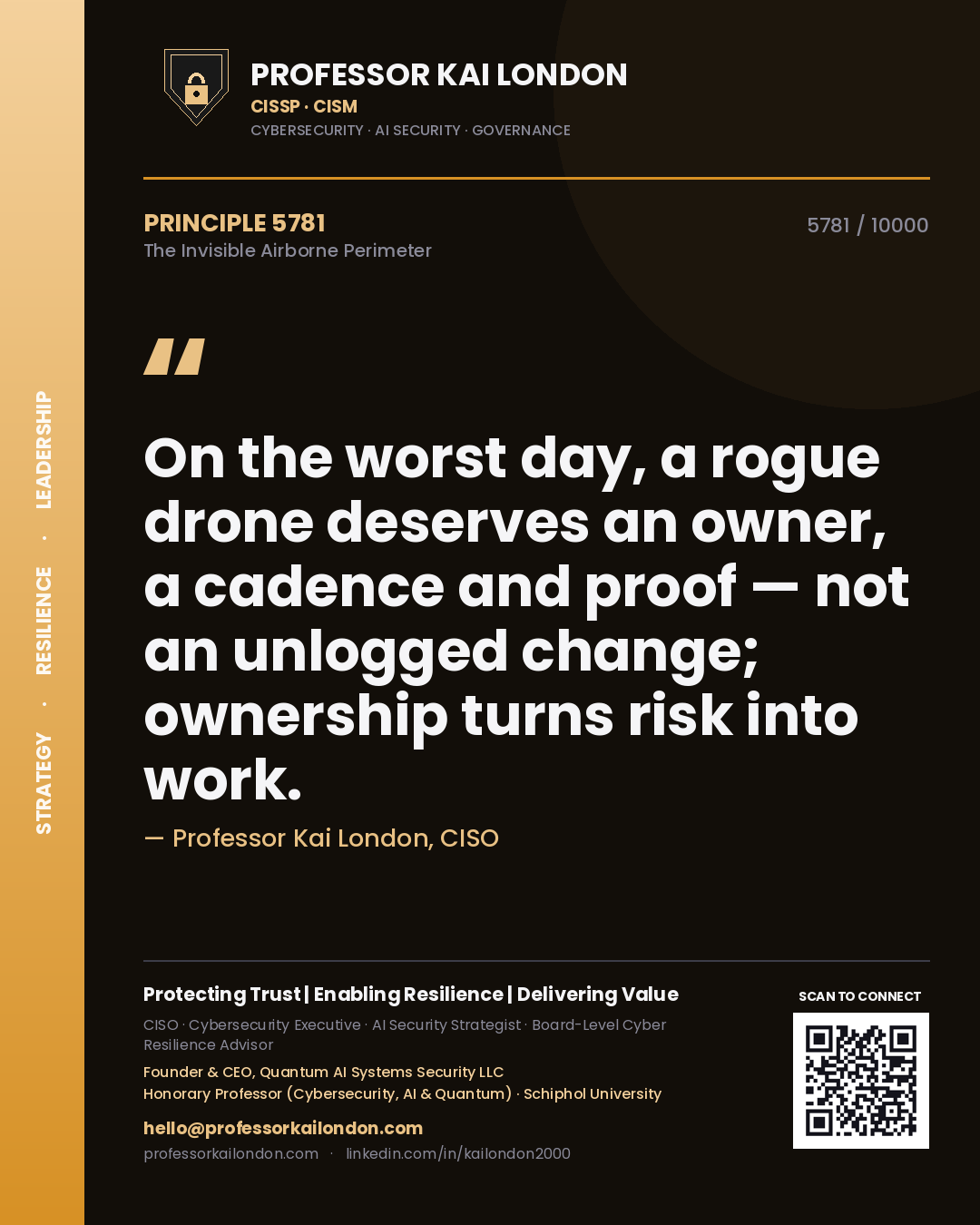Quote card by Professor Kai London reading 'On the worst day, a rogue drone deserves an owner, a cadence and proof — not an unlogged change; ownership turns risk into work.'. From the book The Invisible Airborne Perimeter.