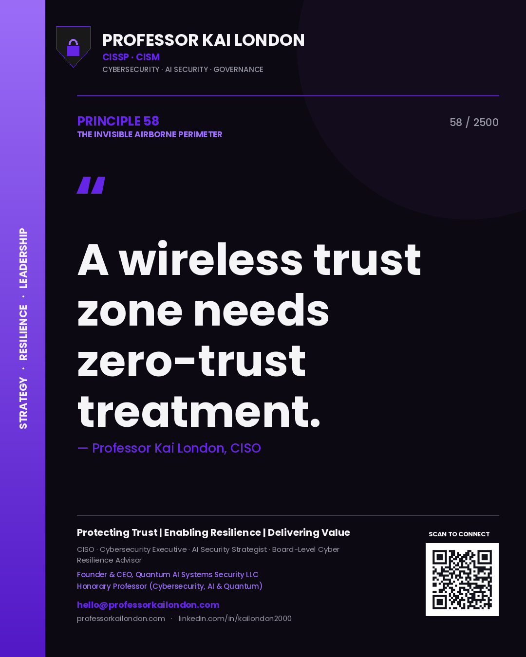 Quote card by Professor Kai London reading 'A wireless trust zone needs zero-trust treatment.'. From the book The Invisible Airborne Perimeter.