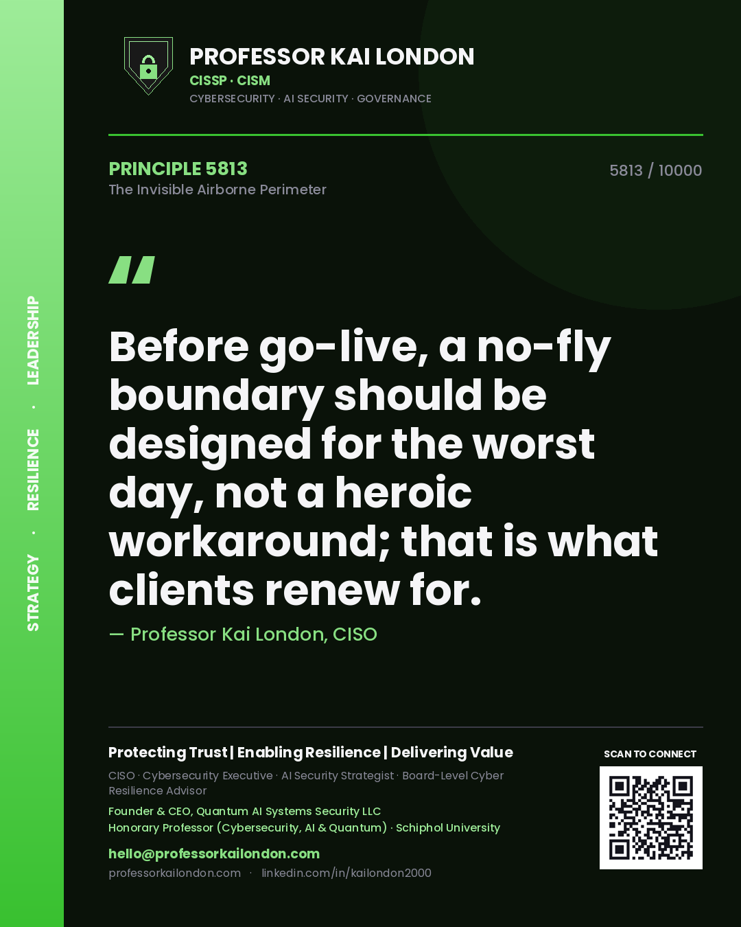 Professor Kai London principle 5813: Before go-live, a no-fly boundary should be designed for the worst day, not a heroic workaround; that is what clients renew for.