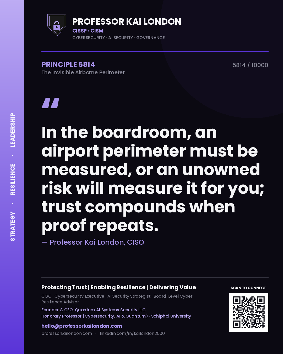 Quote card by Professor Kai London reading 'In the boardroom, an airport perimeter must be measured, or an unowned risk will measure it for you; trust compounds when proof repeats.'. From the book The Invisible Airborne Perimeter.