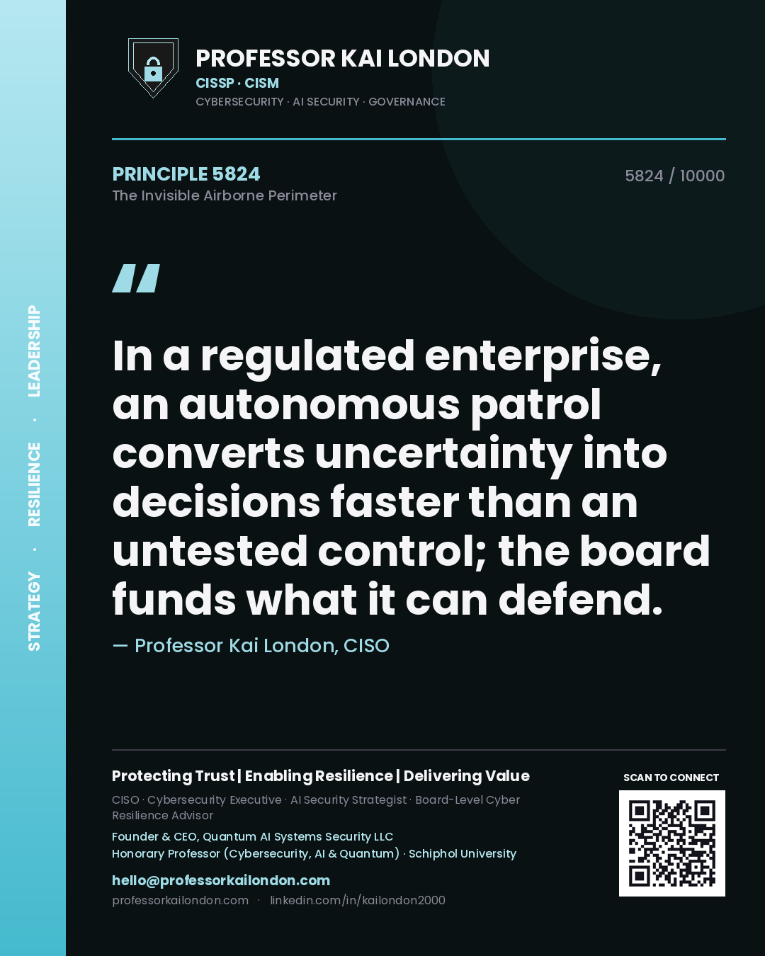 Professor Kai London principle 5824: In a regulated enterprise, an autonomous patrol converts uncertainty into decisions faster than an untested control; the board funds what it can defend.