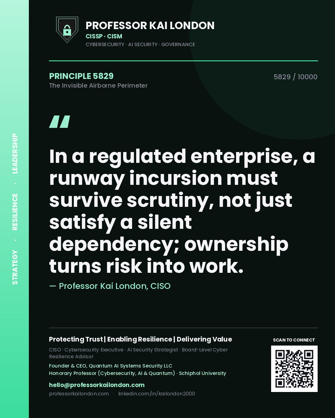 Professor Kai London principle 5829: In a regulated enterprise, a runway incursion must survive scrutiny, not just satisfy a silent dependency; ownership turns risk into work.