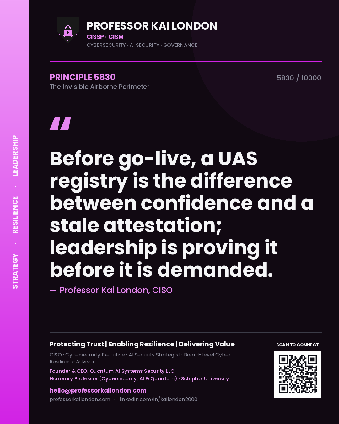Professor Kai London principle 5830: Before go-live, a UAS registry is the difference between confidence and a stale attestation; leadership is proving it before it is demanded.