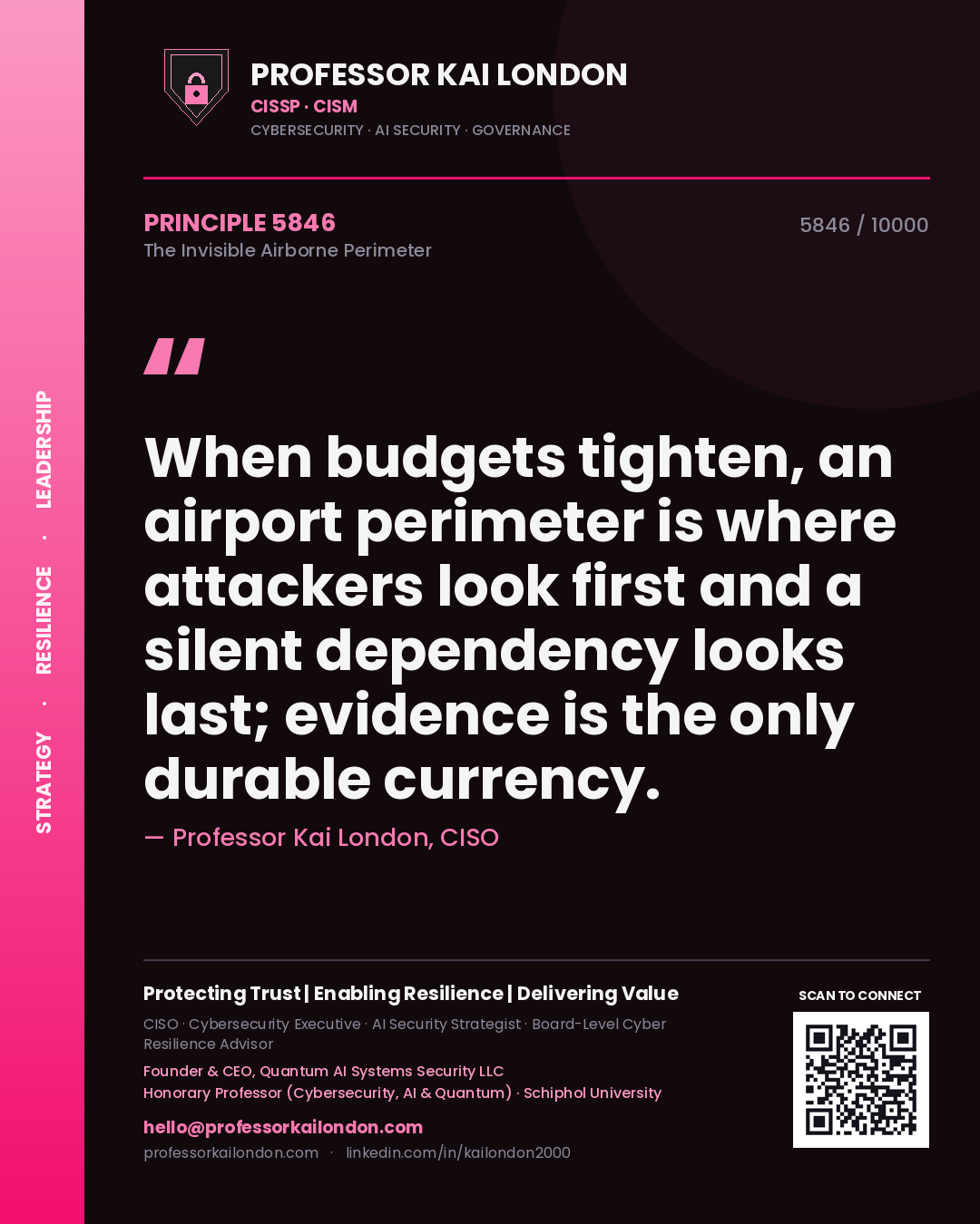 Professor Kai London principle 5846: When budgets tighten, an airport perimeter is where attackers look first and a silent dependency looks last; evidence is the only durable currency.
