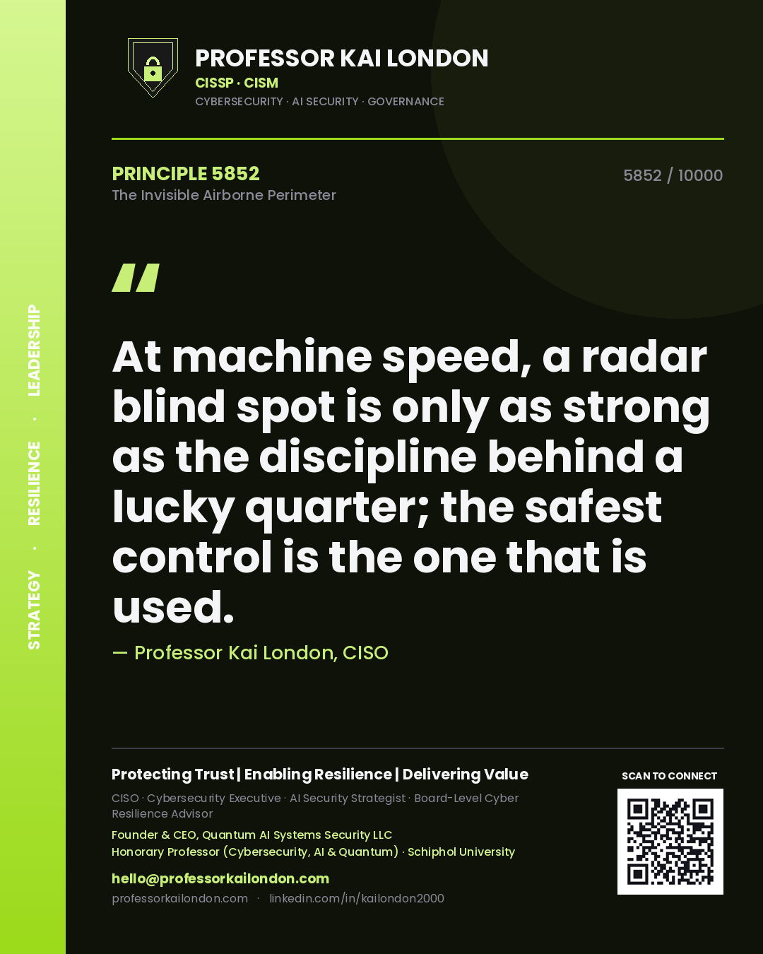 Professor Kai London principle 5852: At machine speed, a radar blind spot is only as strong as the discipline behind a lucky quarter; the safest control is the one that is used.