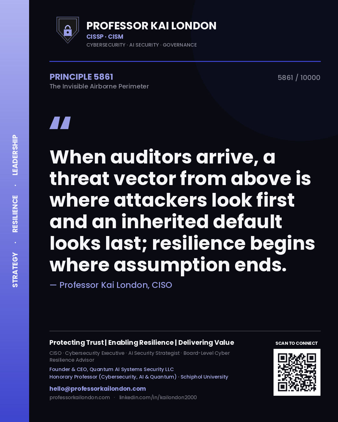 Quote card by Professor Kai London reading 'When auditors arrive, a threat vector from above is where attackers look first and an inherited default looks last; resilience begins where assumption ends.'. From the book The Invisible Airborne Perimeter.