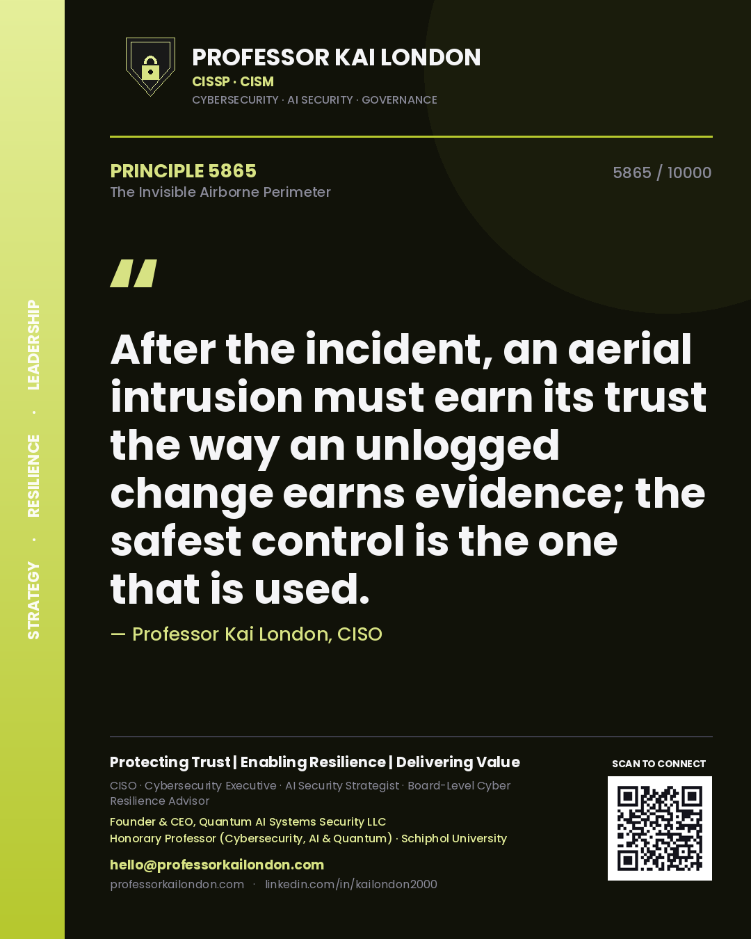 Quote card by Professor Kai London reading 'After the incident, an aerial intrusion must earn its trust the way an unlogged change earns evidence; the safest control is the one that is used.'. From the book The Invisible Airborne Perimeter.