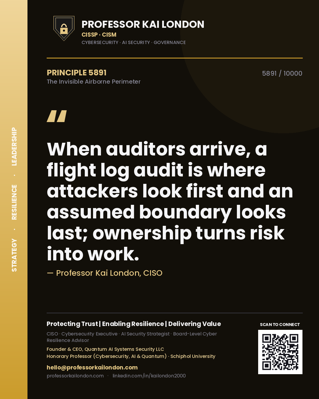 Quote card by Professor Kai London reading 'When auditors arrive, a flight log audit is where attackers look first and an assumed boundary looks last; ownership turns risk into work.'. From the book The Invisible Airborne Perimeter.