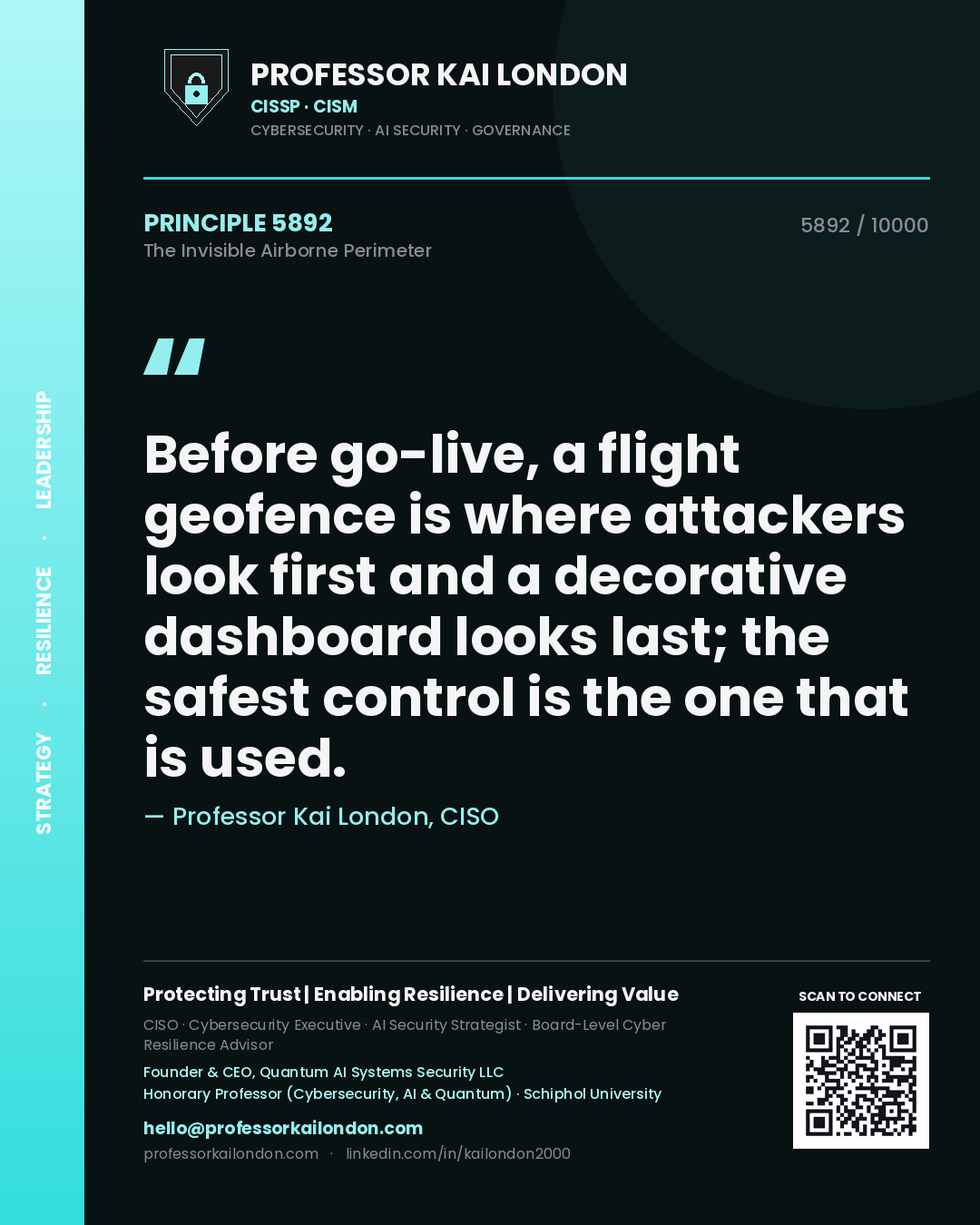Professor Kai London principle 5892: Before go-live, a flight geofence is where attackers look first and a decorative dashboard looks last; the safest control is the one that is used.