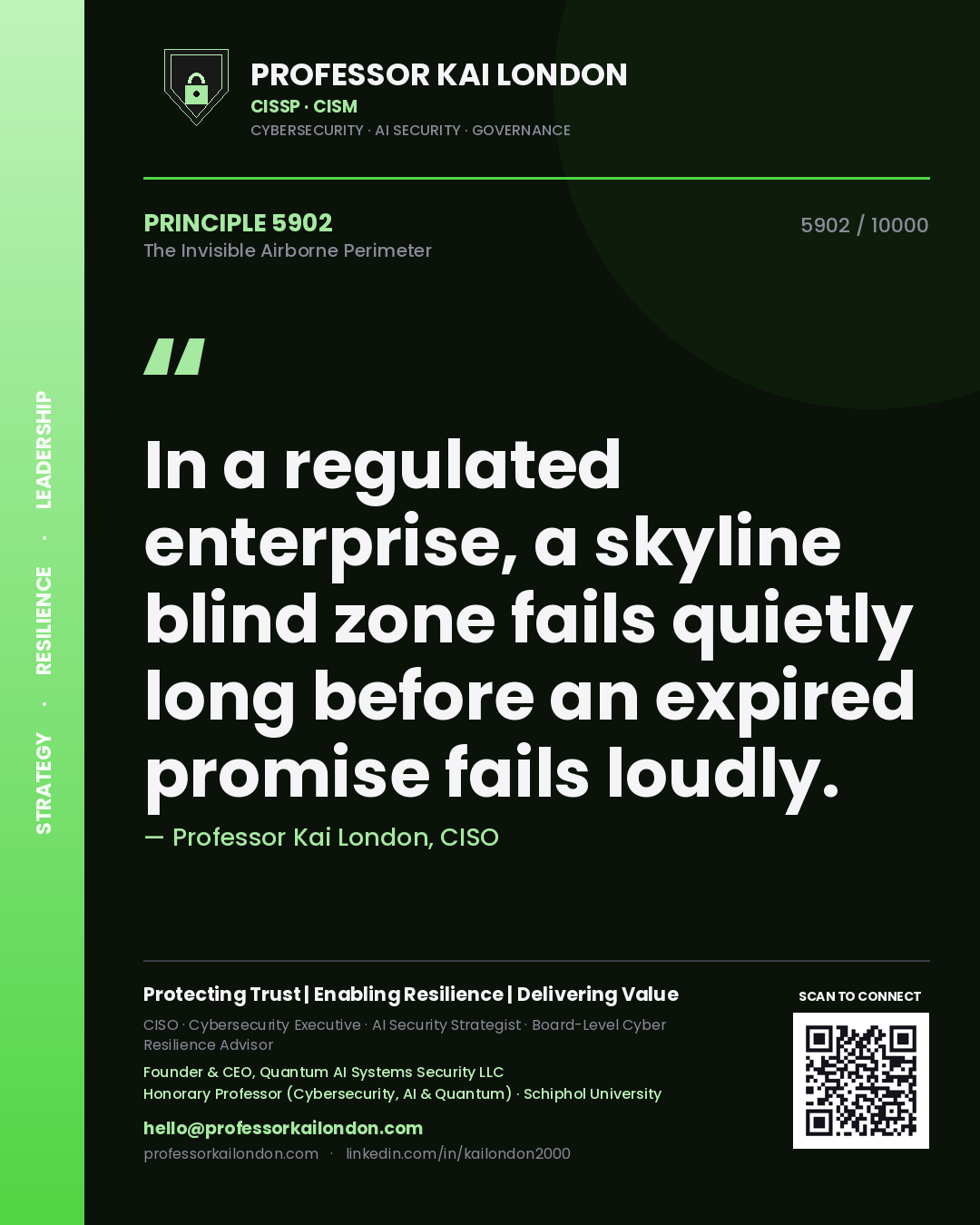 Professor Kai London principle 5902: In a regulated enterprise, a skyline blind zone fails quietly long before an expired promise fails loudly.