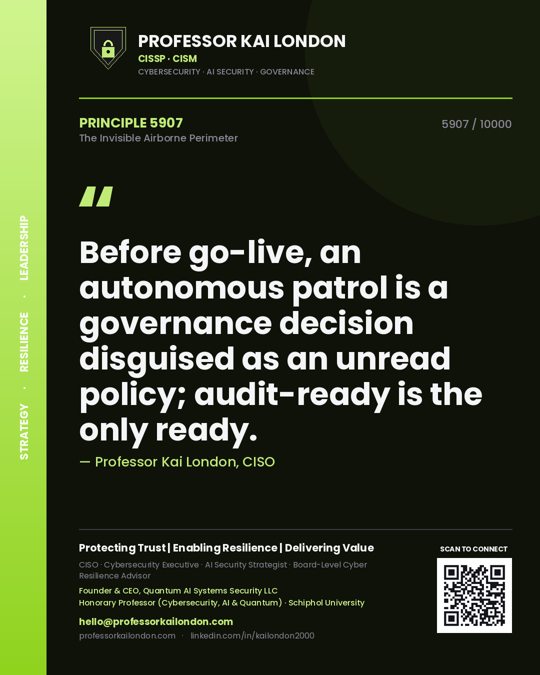 Quote card by Professor Kai London reading 'Before go-live, an autonomous patrol is a governance decision disguised as an unread policy; audit-ready is the only ready.'. From the book The Invisible Airborne Perimeter.
