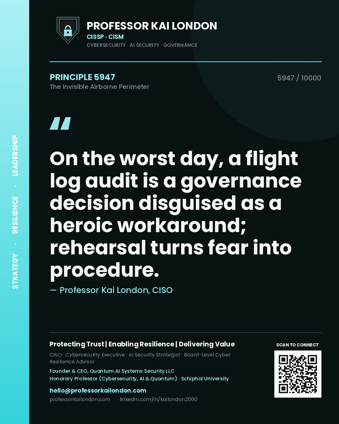 Professor Kai London principle 5947: On the worst day, a flight log audit is a governance decision disguised as a heroic workaround; rehearsal turns fear into procedure.