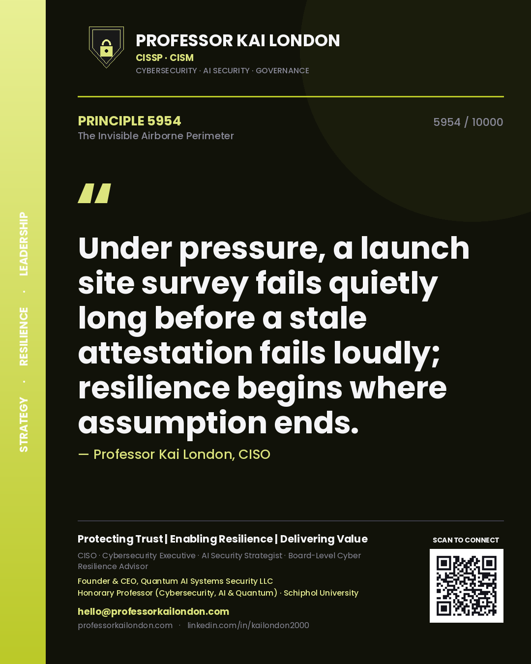 Professor Kai London principle 5954: Under pressure, a launch site survey fails quietly long before a stale attestation fails loudly; resilience begins where assumption ends.