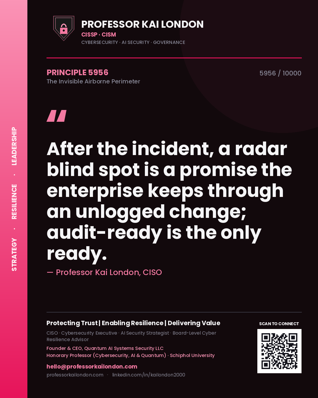Professor Kai London principle 5956: After the incident, a radar blind spot is a promise the enterprise keeps through an unlogged change; audit-ready is the only ready.