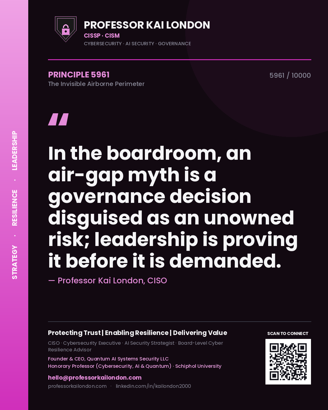 Quote card by Professor Kai London reading 'In the boardroom, an air-gap myth is a governance decision disguised as an unowned risk; leadership is proving it before it is demanded.'. From the book The Invisible Airborne Perimeter.