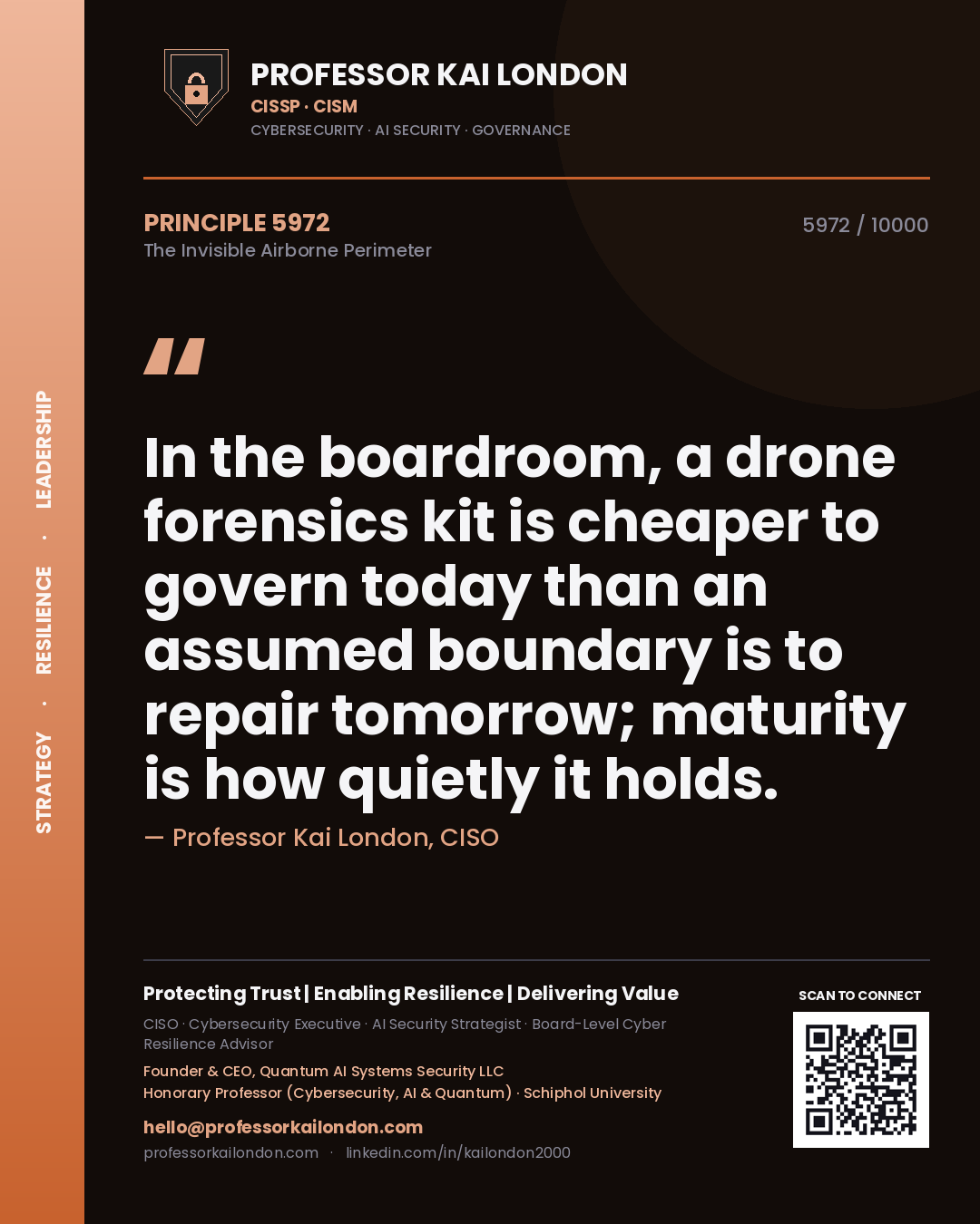 Quote card by Professor Kai London reading 'In the boardroom, a drone forensics kit is cheaper to govern today than an assumed boundary is to repair tomorrow; maturity is how quietly it holds.'. From the book The Invisible Airborne Perimeter.