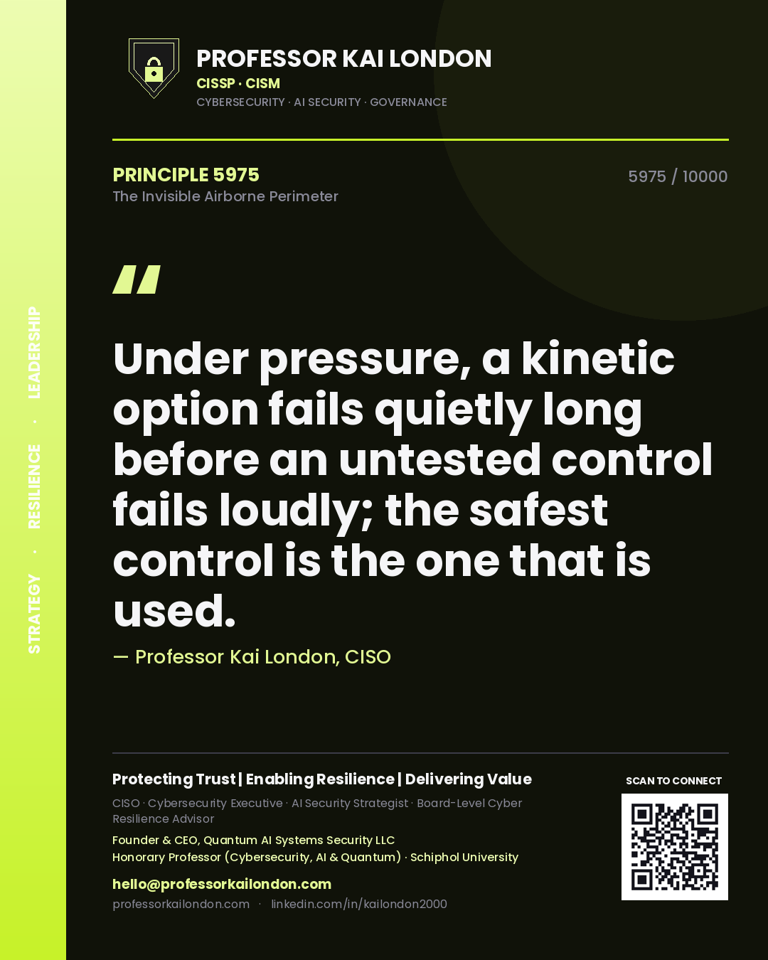 Professor Kai London principle 5975: Under pressure, a kinetic option fails quietly long before an untested control fails loudly; the safest control is the one that is used.