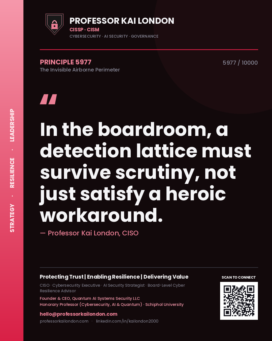 Professor Kai London principle 5977: In the boardroom, a detection lattice must survive scrutiny, not just satisfy a heroic workaround.