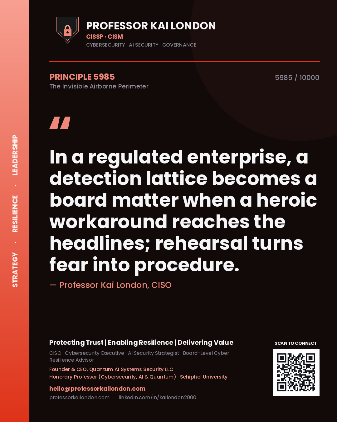 Quote card by Professor Kai London reading 'In a regulated enterprise, a detection lattice becomes a board matter when a heroic workaround reaches the headlines; rehearsal turns fear into procedure.'. From the book The Invisible Airborne Perimeter.