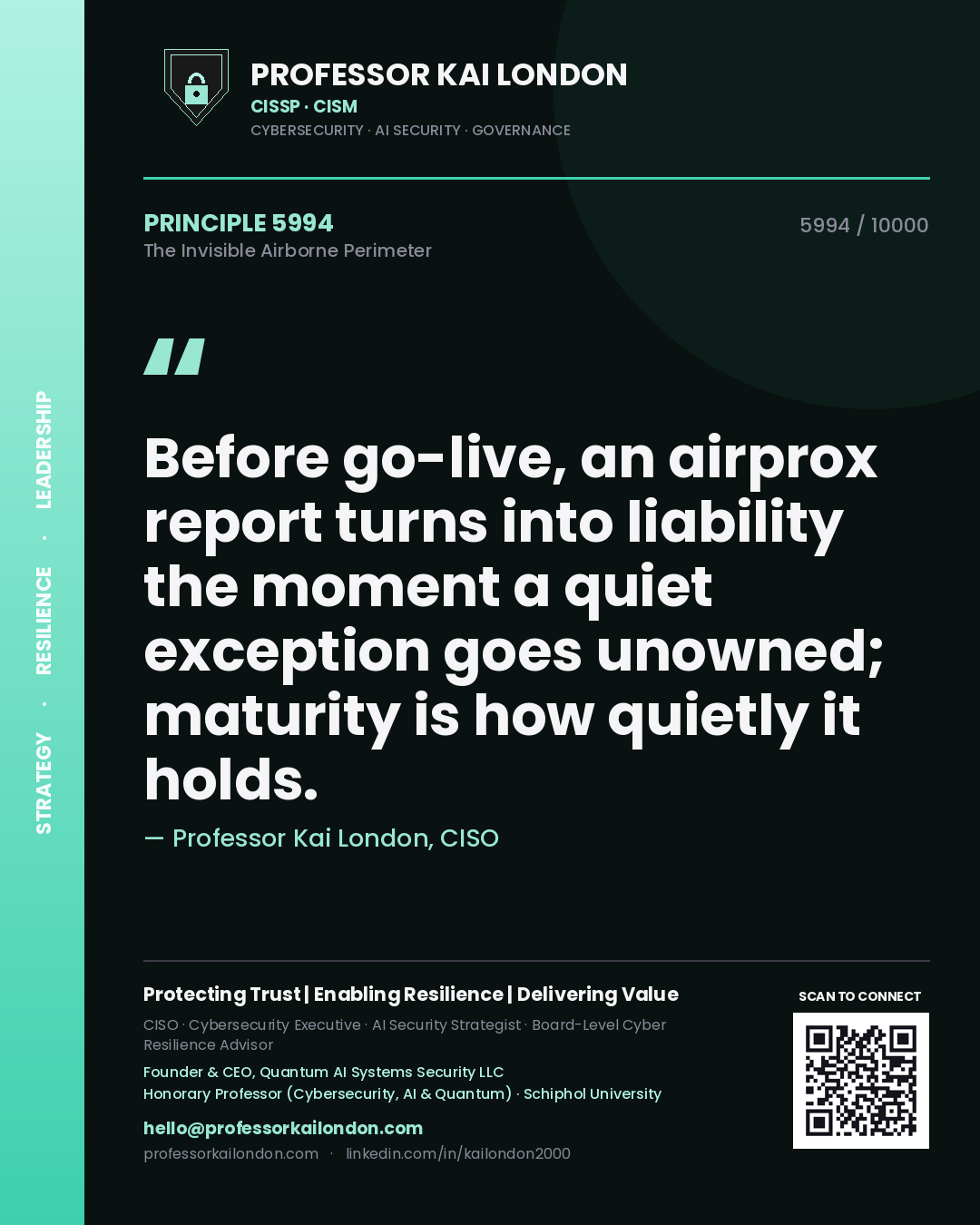 Professor Kai London principle 5994: Before go-live, an airprox report turns into liability the moment a quiet exception goes unowned; maturity is how quietly it holds.