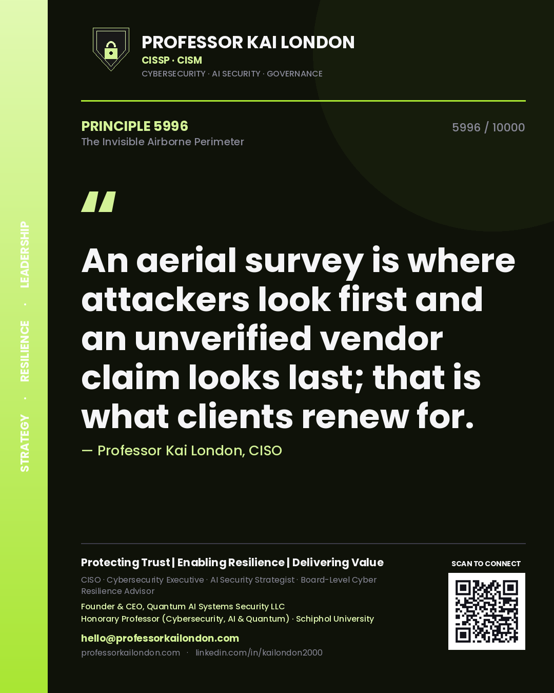 Professor Kai London principle 5996: An aerial survey is where attackers look first and an unverified vendor claim looks last; that is what clients renew for.