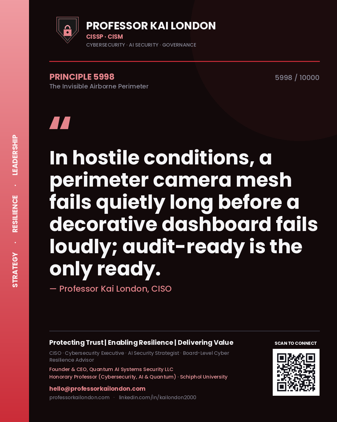 Quote card by Professor Kai London reading 'In hostile conditions, a perimeter camera mesh fails quietly long before a decorative dashboard fails loudly; audit-ready is the only ready.'. From the book The Invisible Airborne Perimeter.
