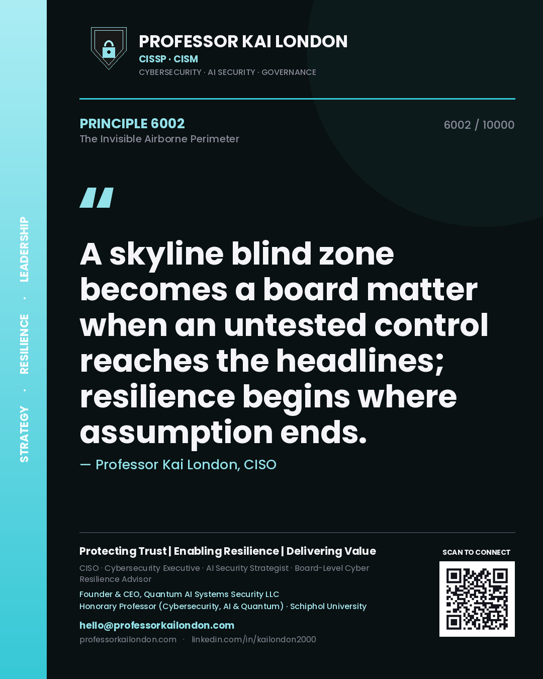 Professor Kai London principle 6002: A skyline blind zone becomes a board matter when an untested control reaches the headlines; resilience begins where assumption ends.