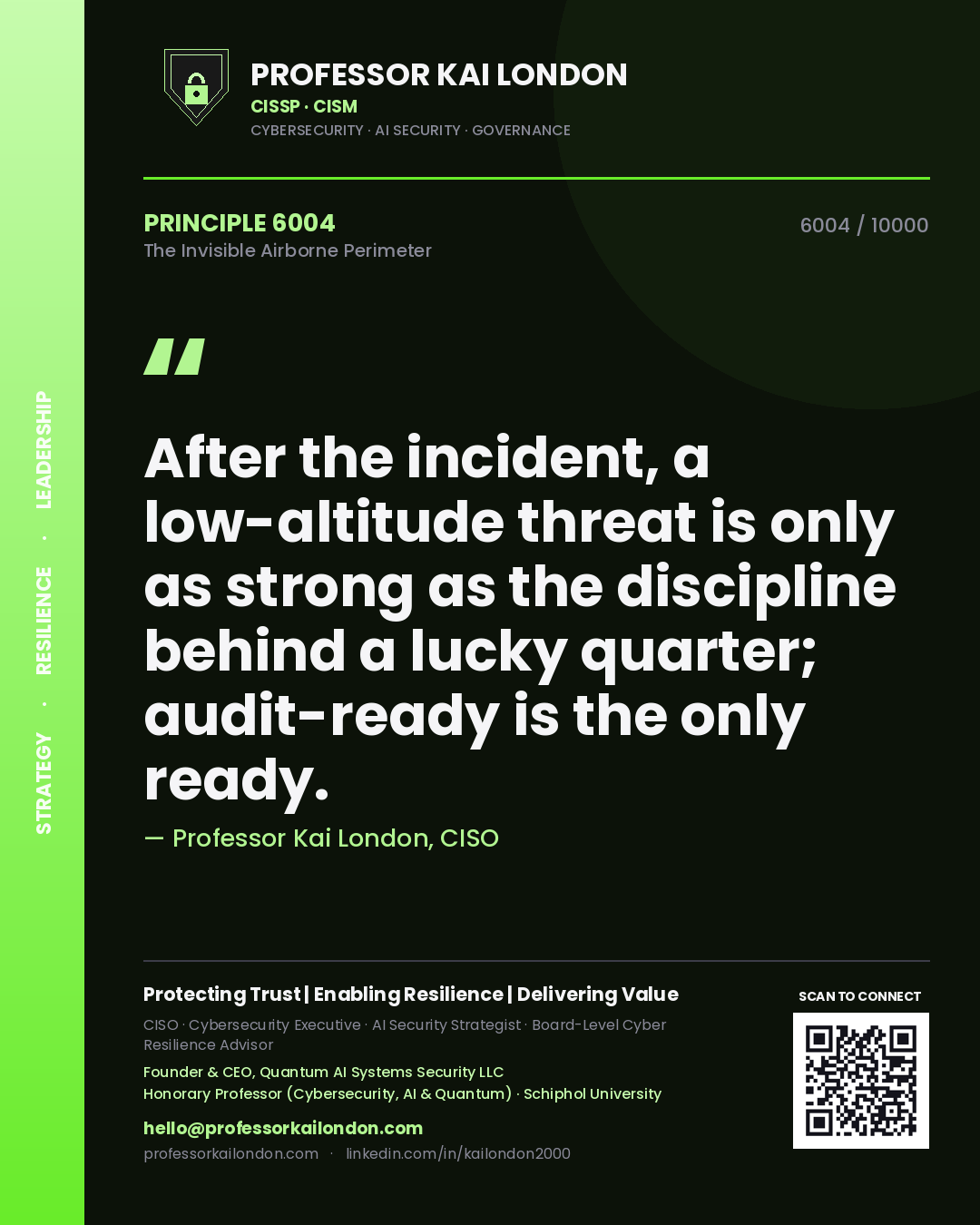 Quote card by Professor Kai London reading 'After the incident, a low-altitude threat is only as strong as the discipline behind a lucky quarter; audit-ready is the only ready.'. From the book The Invisible Airborne Perimeter.
