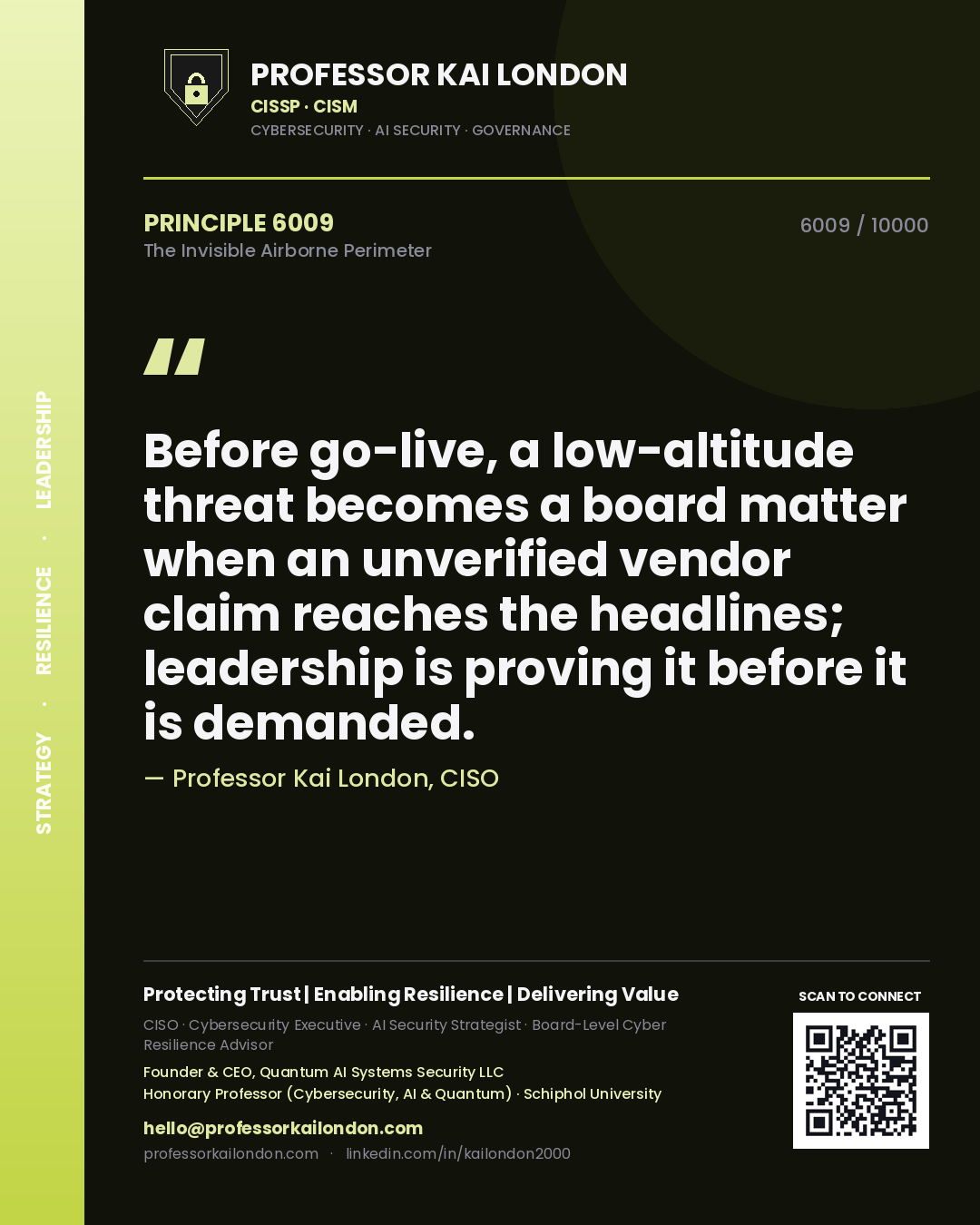 Professor Kai London principle 6009: Before go-live, a low-altitude threat becomes a board matter when an unverified vendor claim reaches the headlines; leadership is proving it before it is demanded.