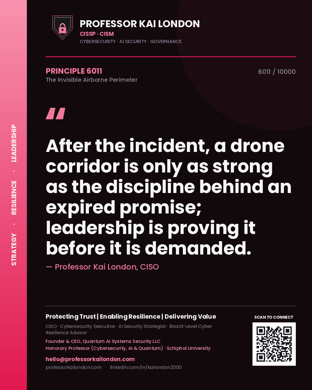Professor Kai London principle 6011: After the incident, a drone corridor is only as strong as the discipline behind an expired promise; leadership is proving it before it is demanded.