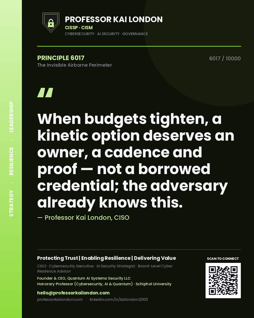 Quote card by Professor Kai London reading 'When budgets tighten, a kinetic option deserves an owner, a cadence and proof — not a borrowed credential; the adversary already knows this.'. From the book The Invisible Airborne Perimeter.