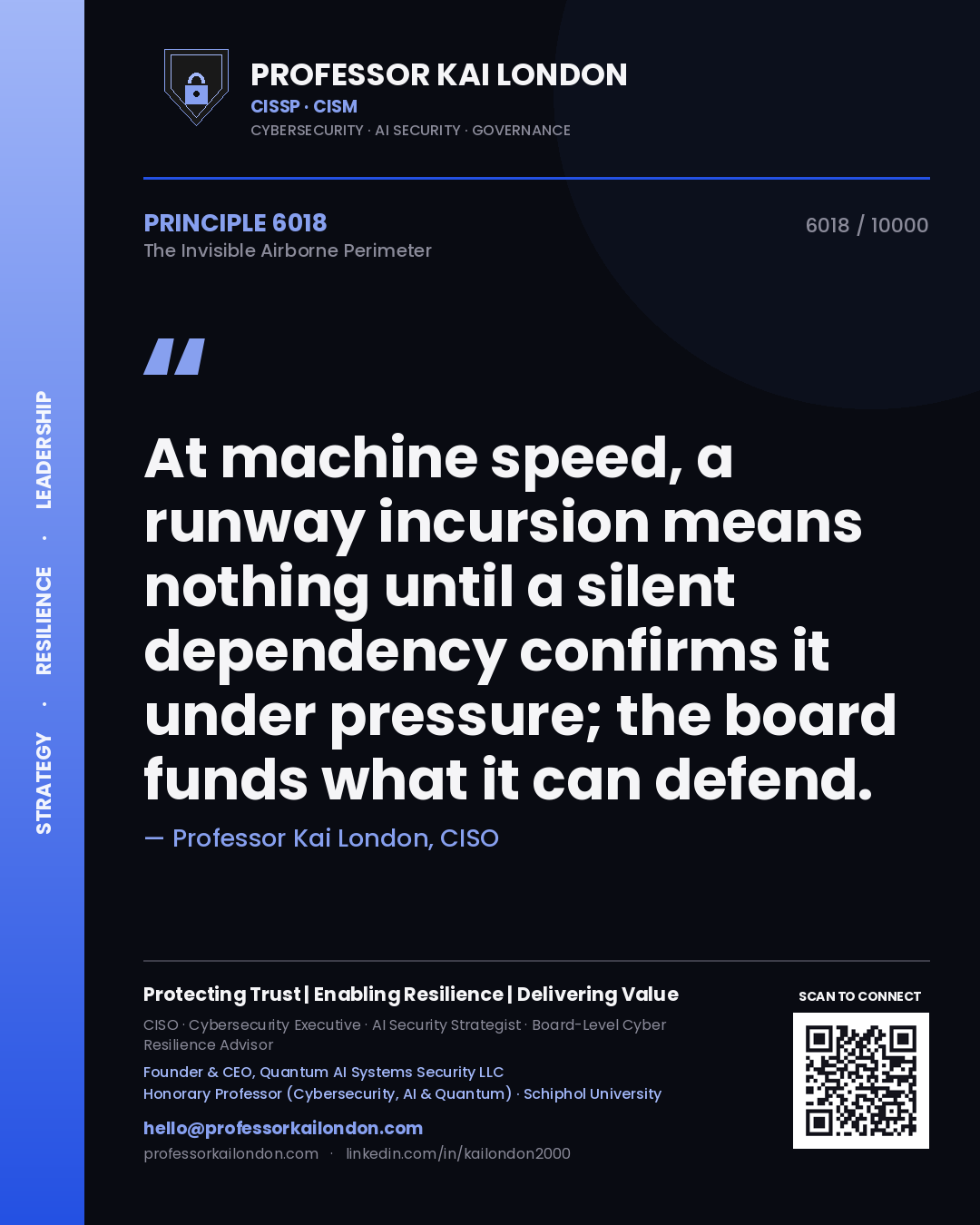 Professor Kai London principle 6018: At machine speed, a runway incursion means nothing until a silent dependency confirms it under pressure; the board funds what it can defend.