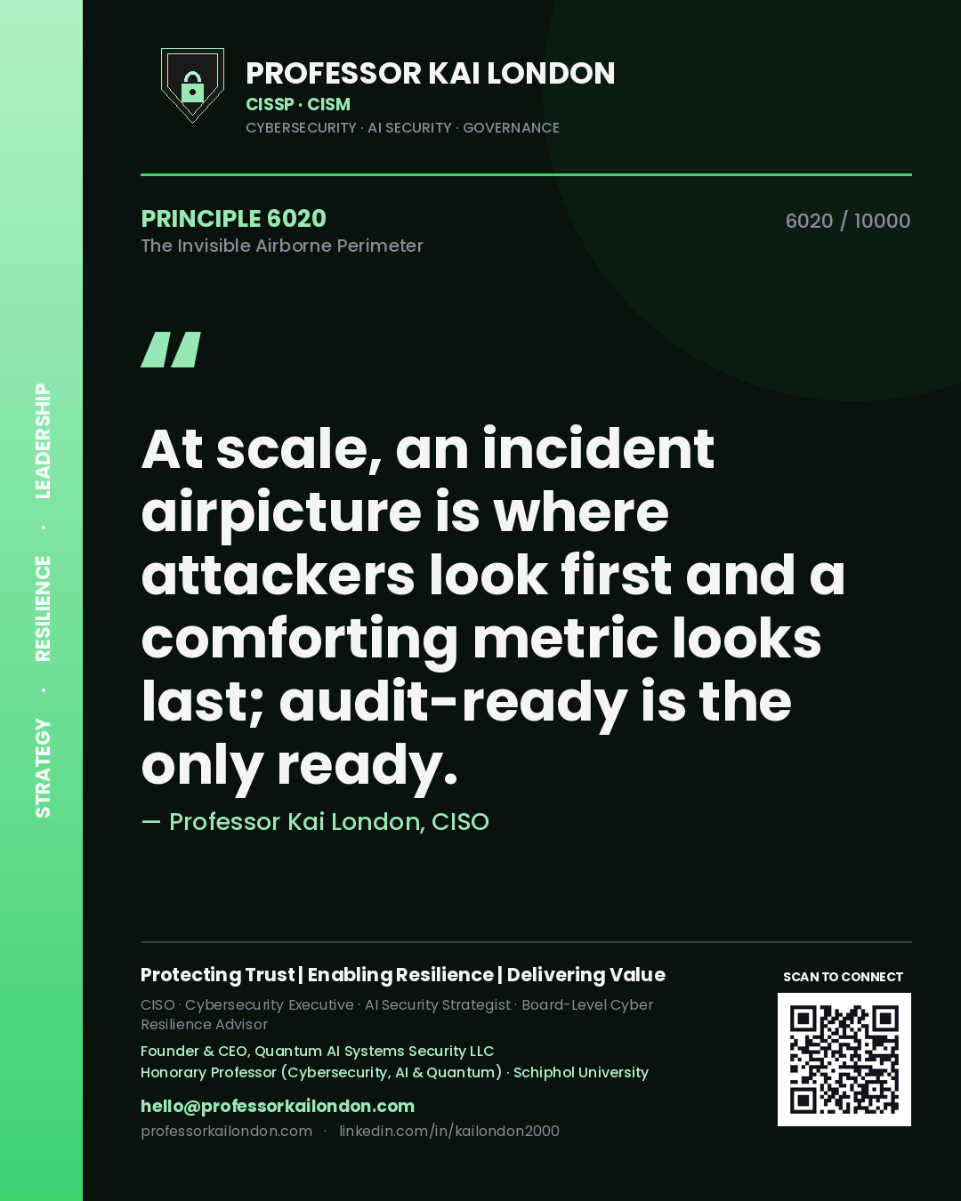 Professor Kai London principle 6020: At scale, an incident airpicture is where attackers look first and a comforting metric looks last; audit-ready is the only ready.