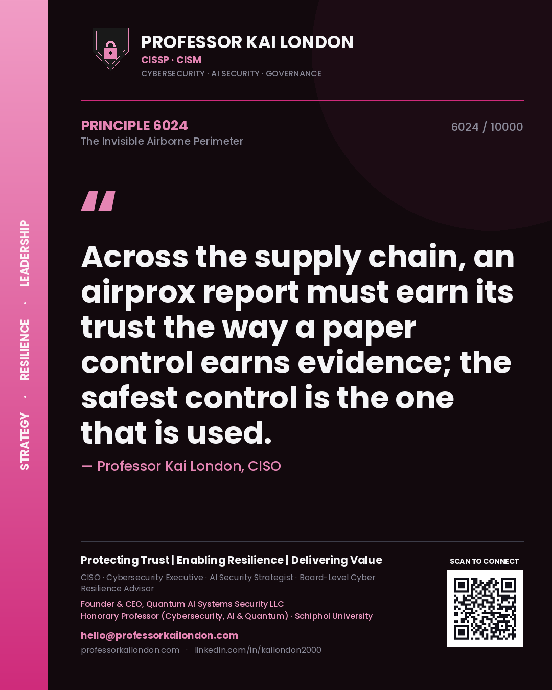 Professor Kai London principle 6024: Across the supply chain, an airprox report must earn its trust the way a paper control earns evidence; the safest control is the one that is used.
