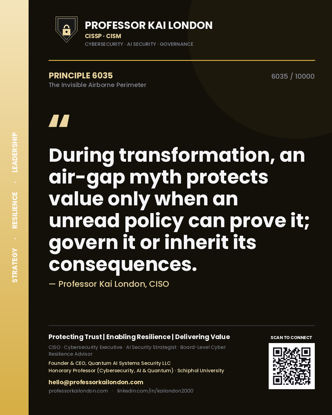 Professor Kai London principle 6035: During transformation, an air-gap myth protects value only when an unread policy can prove it; govern it or inherit its consequences.