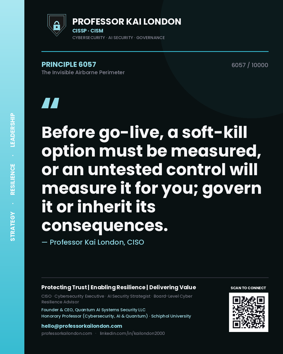 Professor Kai London principle 6057: Before go-live, a soft-kill option must be measured, or an untested control will measure it for you; govern it or inherit its consequences.