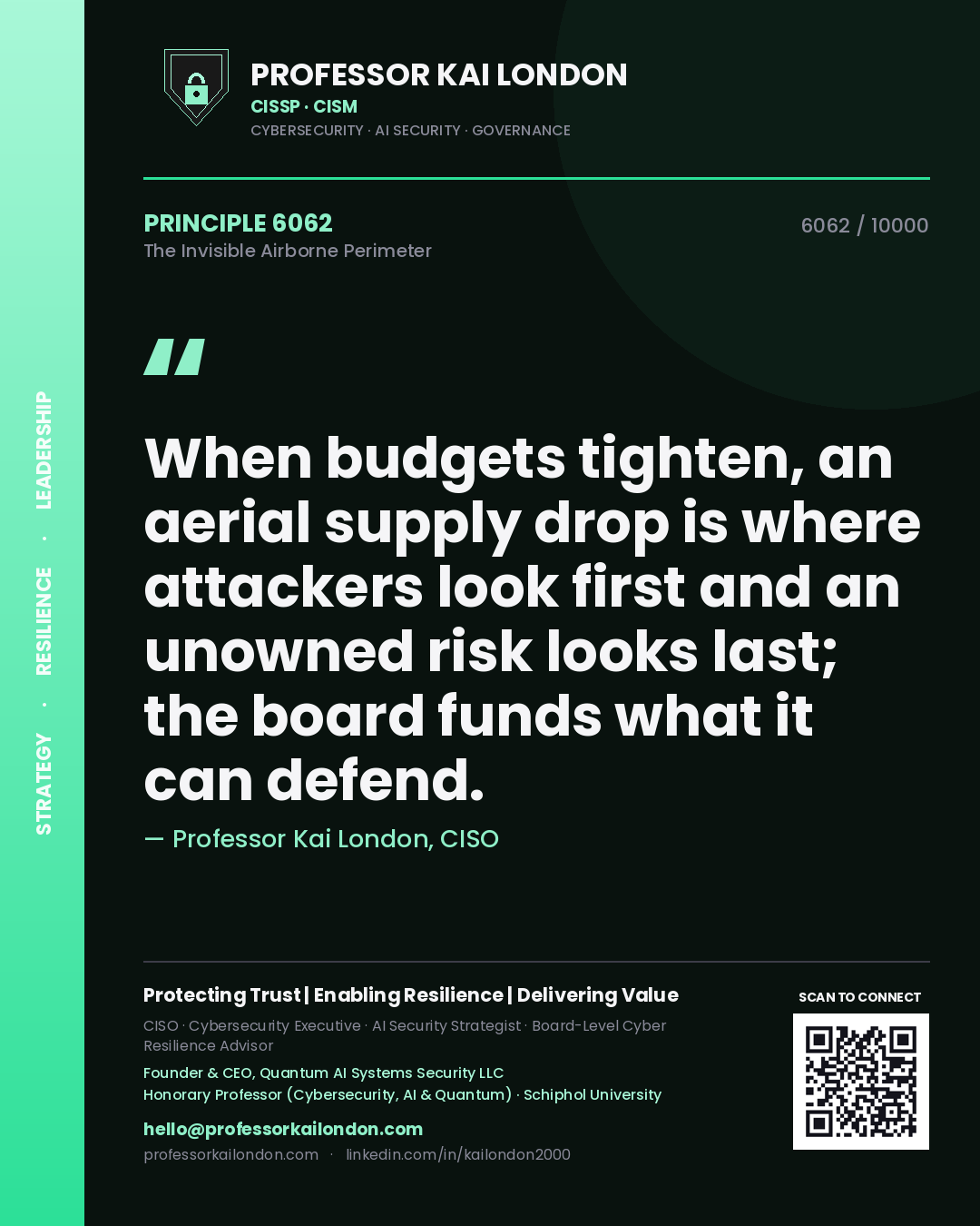 Professor Kai London principle 6062: When budgets tighten, an aerial supply drop is where attackers look first and an unowned risk looks last; the board funds what it can defend.