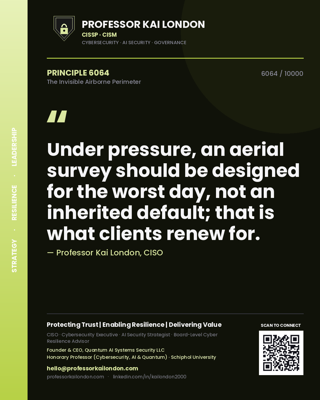 Quote card by Professor Kai London reading 'Under pressure, an aerial survey should be designed for the worst day, not an inherited default; that is what clients renew for.'. From the book The Invisible Airborne Perimeter.