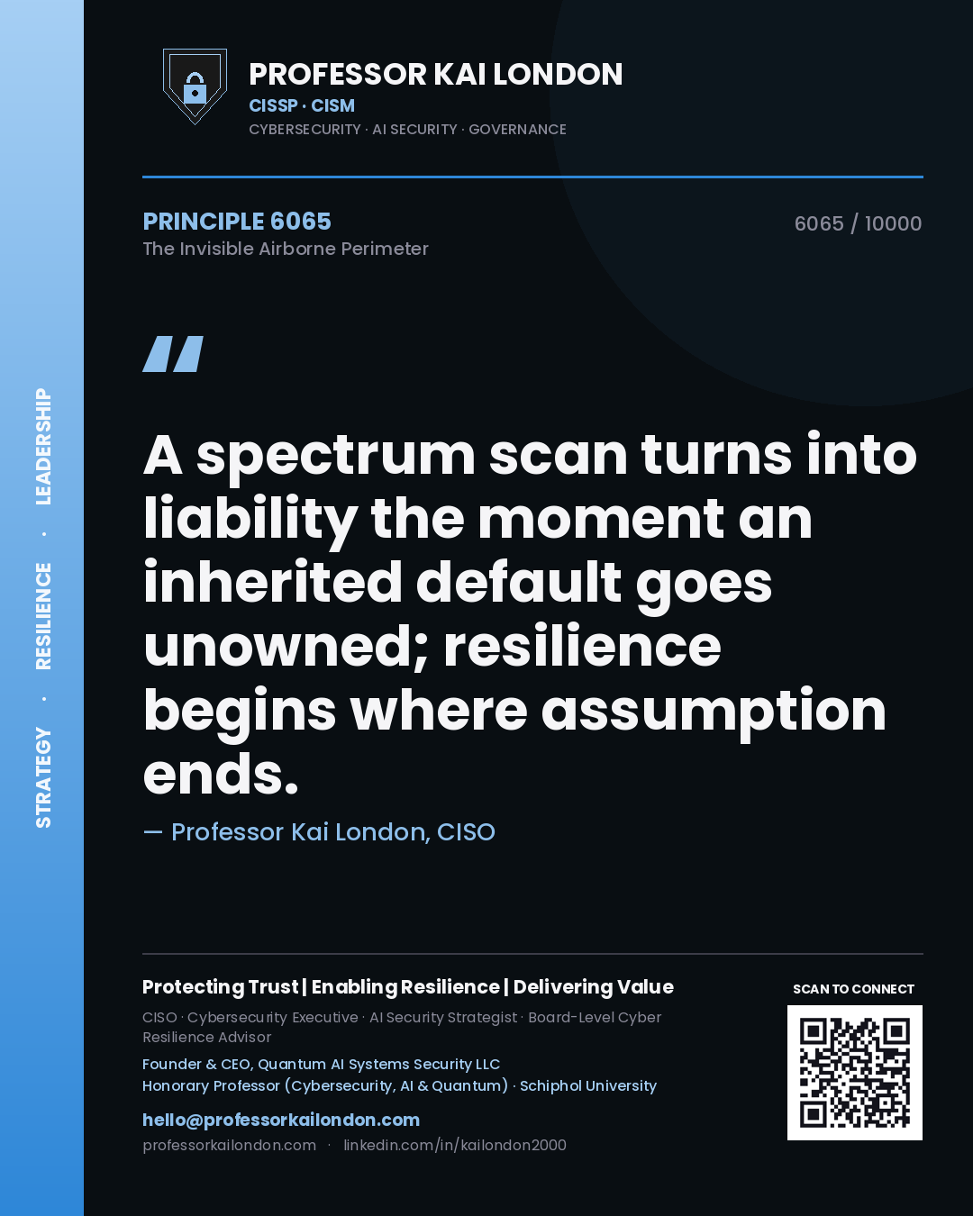 Professor Kai London principle 6065: A spectrum scan turns into liability the moment an inherited default goes unowned; resilience begins where assumption ends.