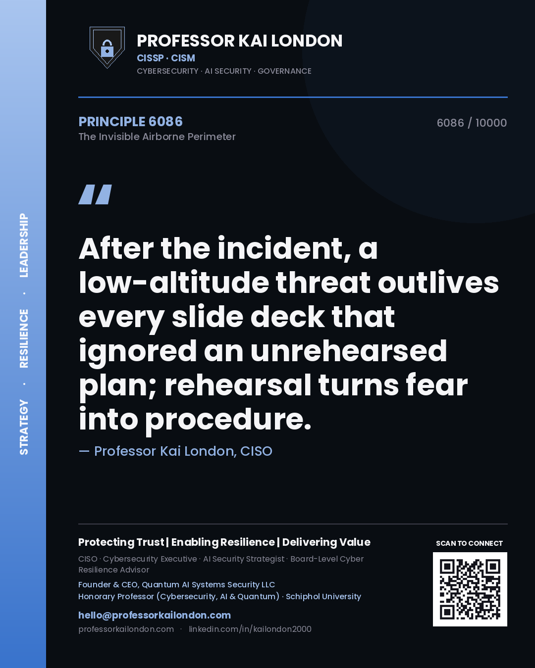 Professor Kai London principle 6086: After the incident, a low-altitude threat outlives every slide deck that ignored an unrehearsed plan; rehearsal turns fear into procedure.