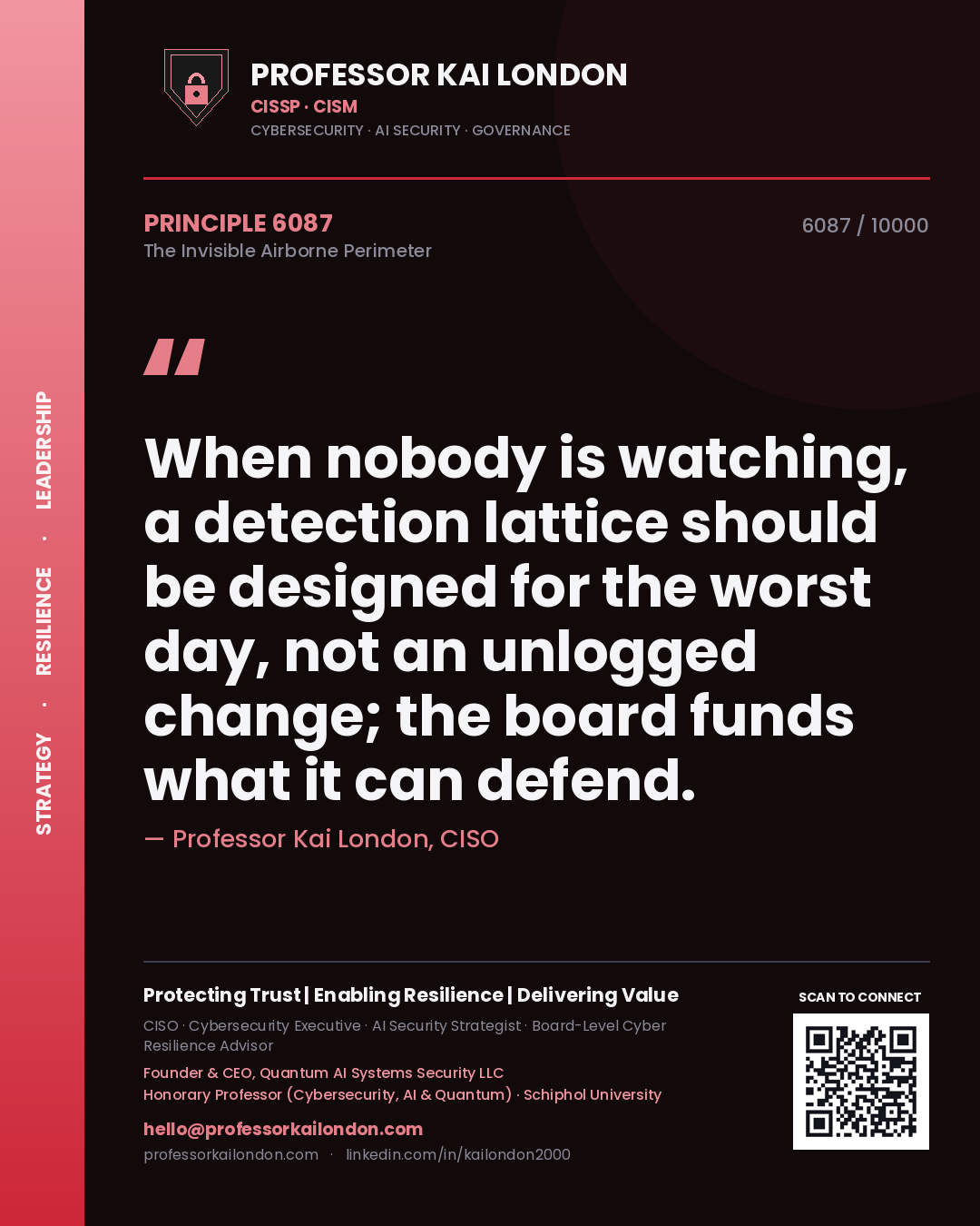 Professor Kai London principle 6087: When nobody is watching, a detection lattice should be designed for the worst day, not an unlogged change; the board funds what it can defend.