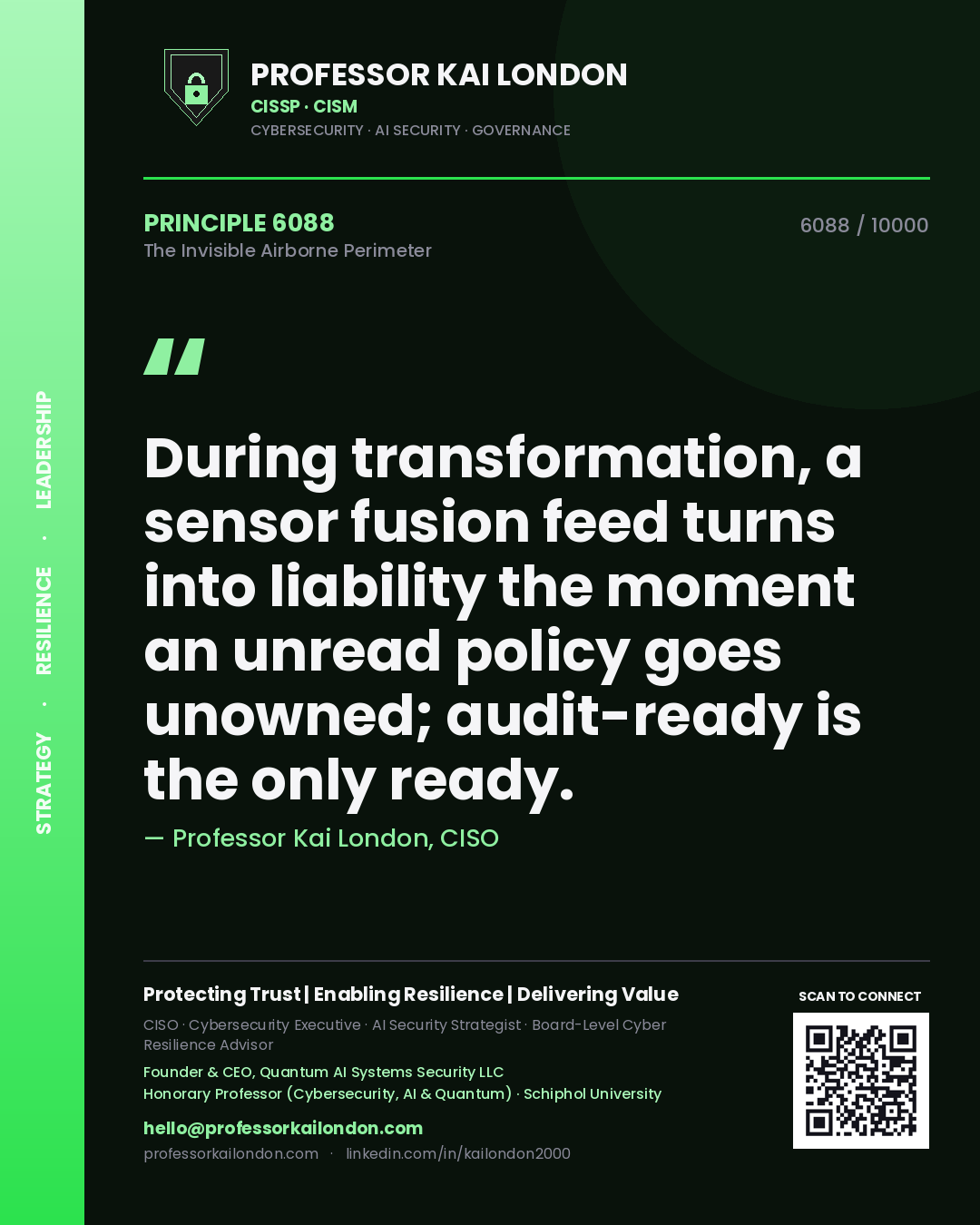 Quote card by Professor Kai London reading 'During transformation, a sensor fusion feed turns into liability the moment an unread policy goes unowned; audit-ready is the only ready.'. From the book The Invisible Airborne Perimeter.