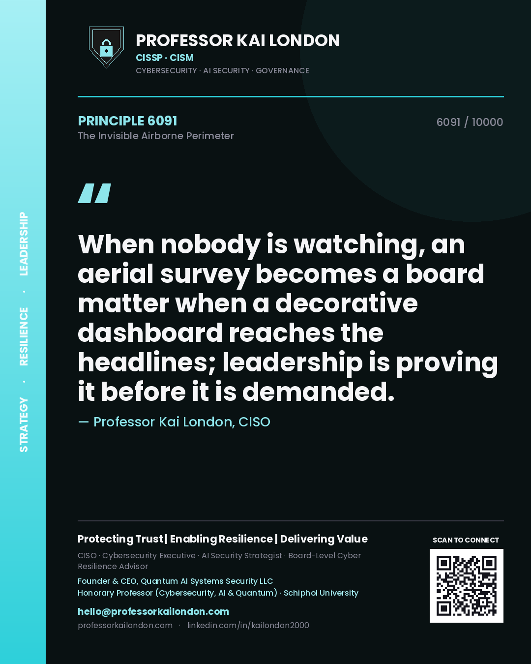 Quote card by Professor Kai London reading 'When nobody is watching, an aerial survey becomes a board matter when a decorative dashboard reaches the headlines; leadership is proving it before it is demanded.'. From the book The Invisible Airborne Perimeter.