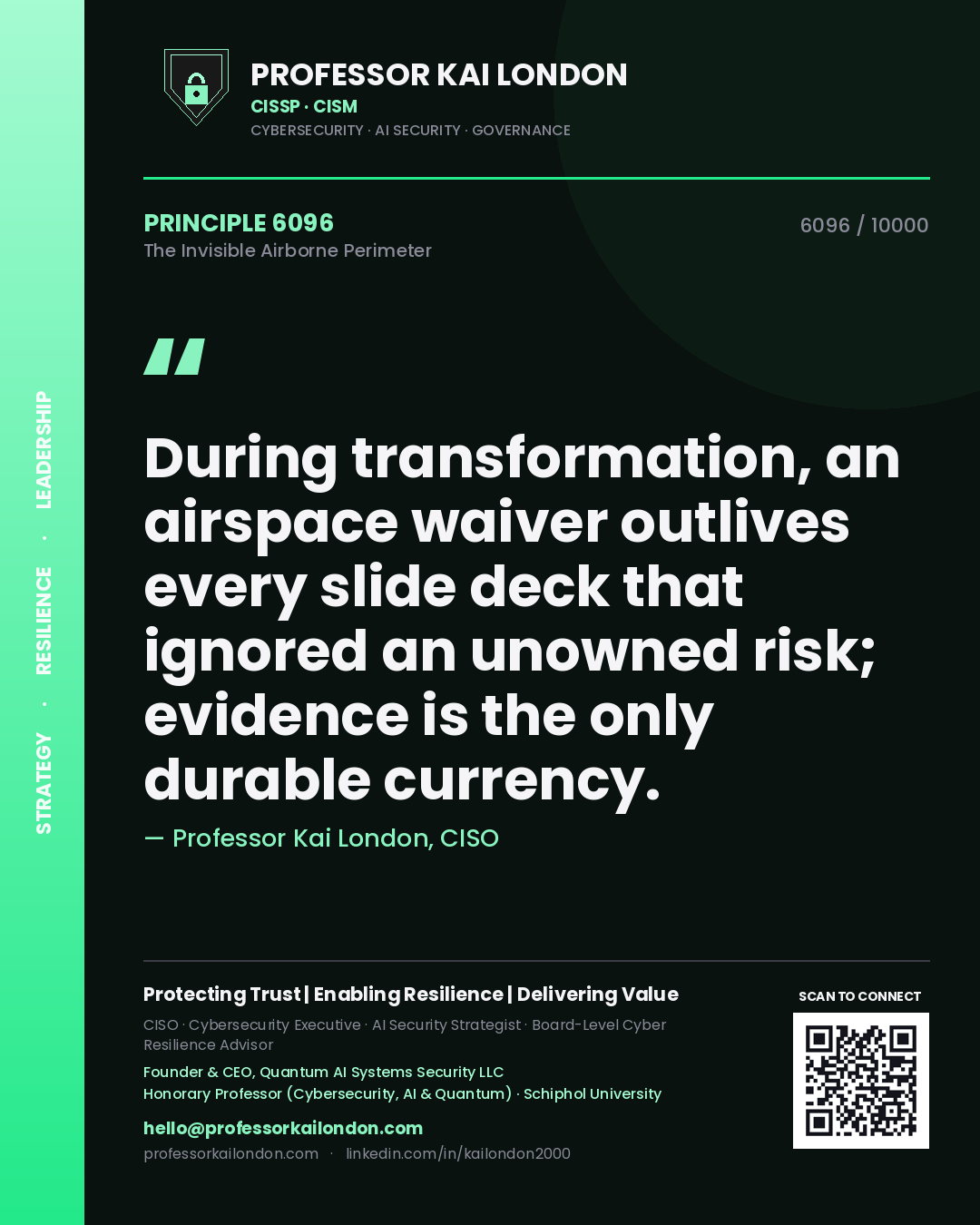 Professor Kai London principle 6096: During transformation, an airspace waiver outlives every slide deck that ignored an unowned risk; evidence is the only durable currency.