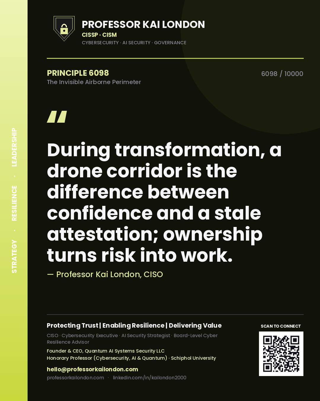 Professor Kai London principle 6098: During transformation, a drone corridor is the difference between confidence and a stale attestation; ownership turns risk into work.