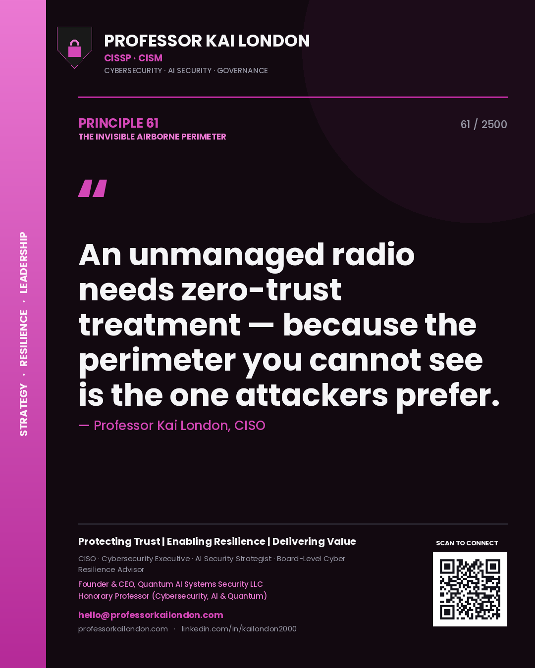 Professor Kai London principle 61: An unmanaged radio needs zero-trust treatment — because the perimeter you cannot see is the one attackers prefer.