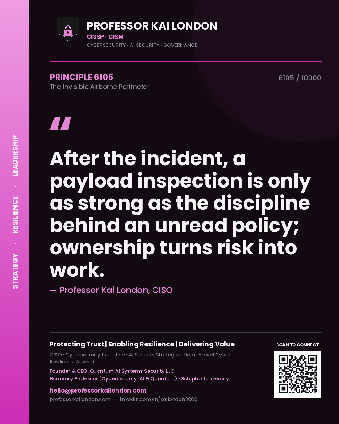 Quote card by Professor Kai London reading 'After the incident, a payload inspection is only as strong as the discipline behind an unread policy; ownership turns risk into work.'. From the book The Invisible Airborne Perimeter.