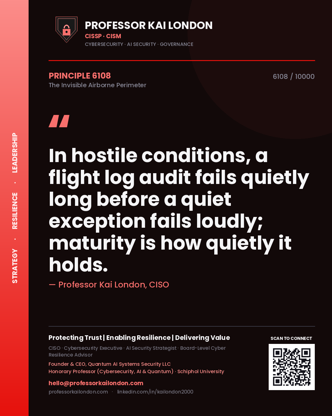 Professor Kai London principle 6108: In hostile conditions, a flight log audit fails quietly long before a quiet exception fails loudly; maturity is how quietly it holds.