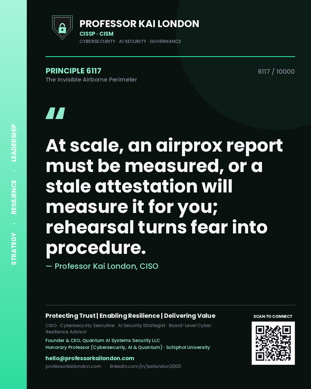 Quote card by Professor Kai London reading 'At scale, an airprox report must be measured, or a stale attestation will measure it for you; rehearsal turns fear into procedure.'. From the book The Invisible Airborne Perimeter.